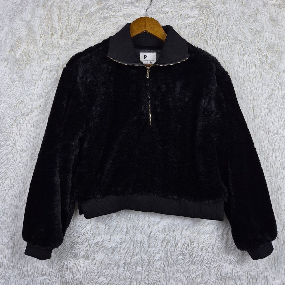 Private Academy Womens Faux Fur Quarter Zip Pullover Sweatshirt Black Size M
